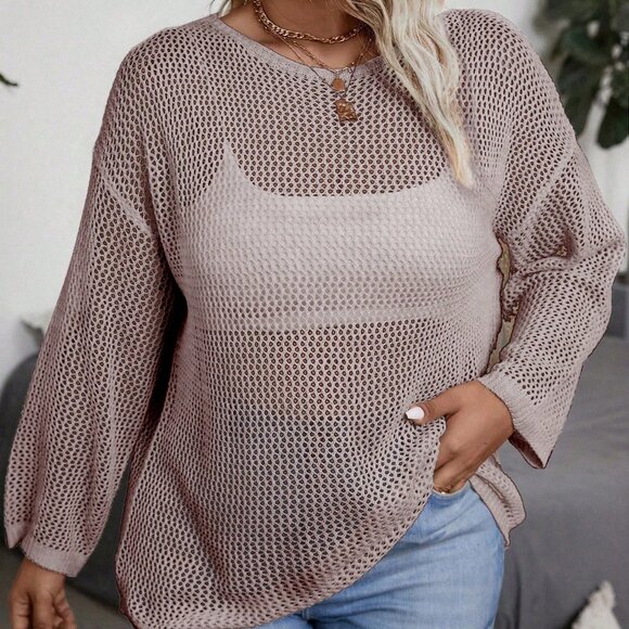 Plus Size Casual Women's Minimalist Hollow Beaded detailed knit Sweater - Picture 3 of 6